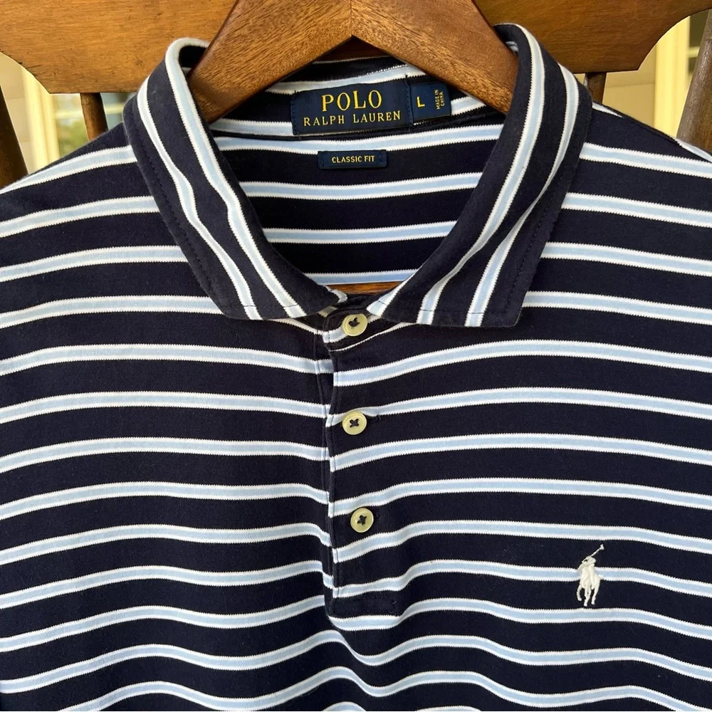 Ralph Lauren Polo Shirt Men's 100% Cotton Navy Baby Blue Stripes Classic Fit L